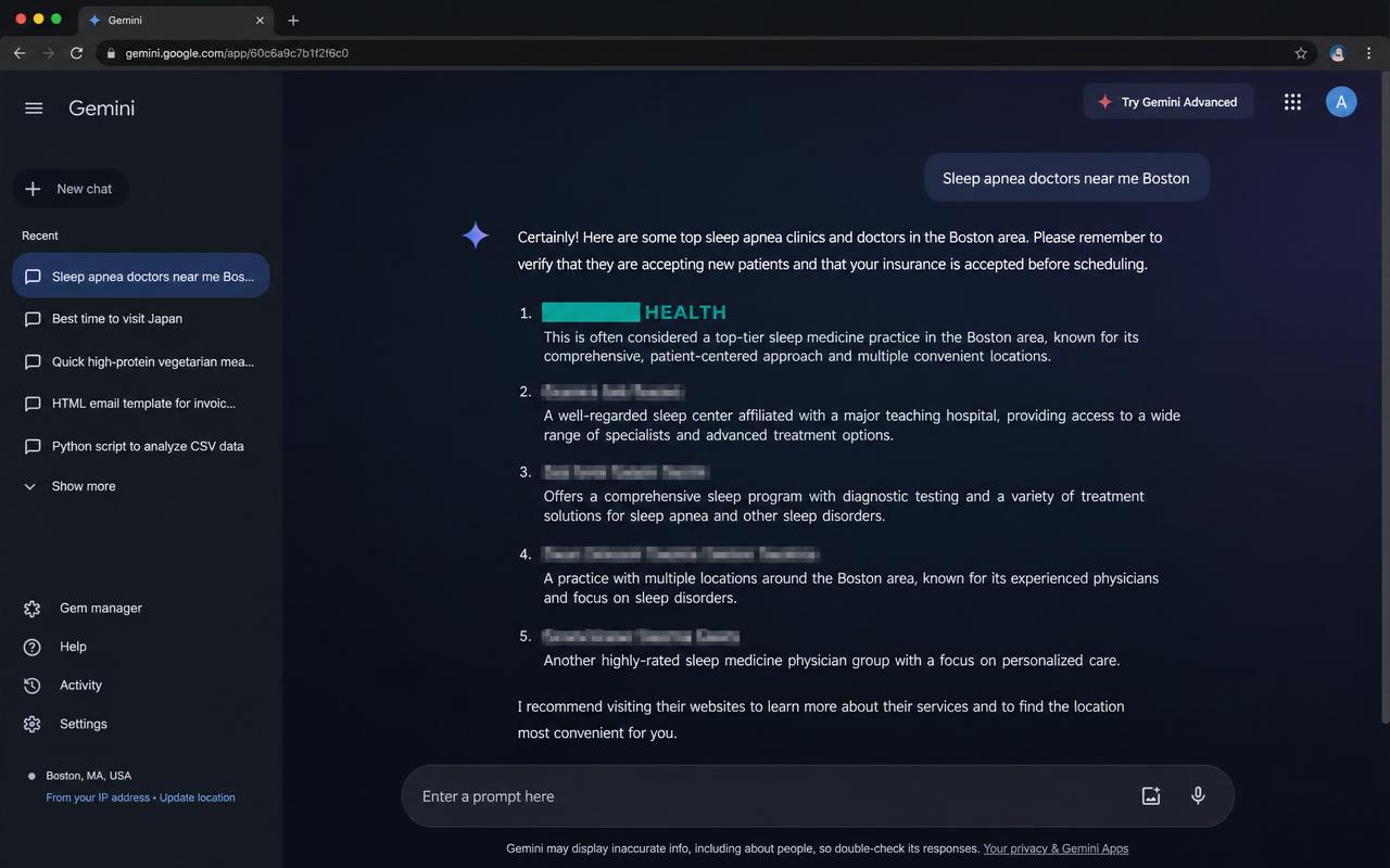 Gemini AI listing a sleep medicine practice as a top recommendation.