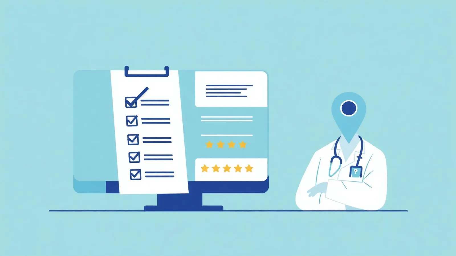 Checklist with green ticks next to a physician profile and 5-star rating