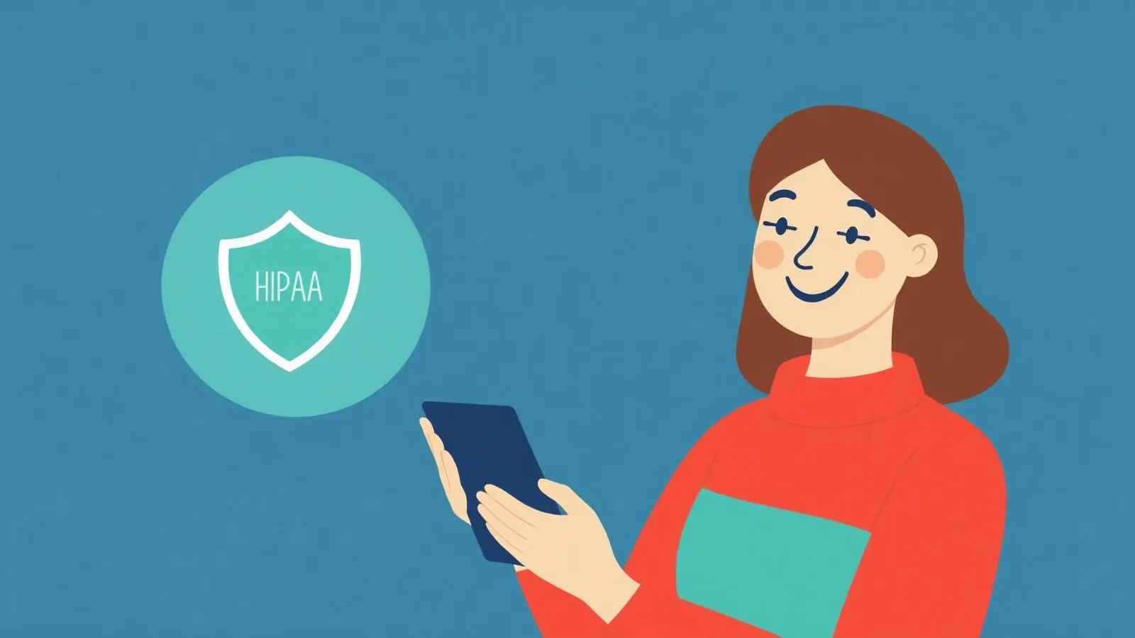 Patient leaving a 5-star review on a tablet with HIPAA shield icon